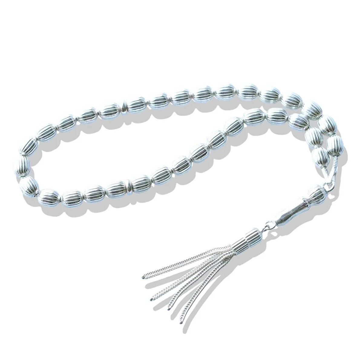 4 Püsküllü Çizgili Arpa Kesim 925 Ayar Gümüş Tesbih