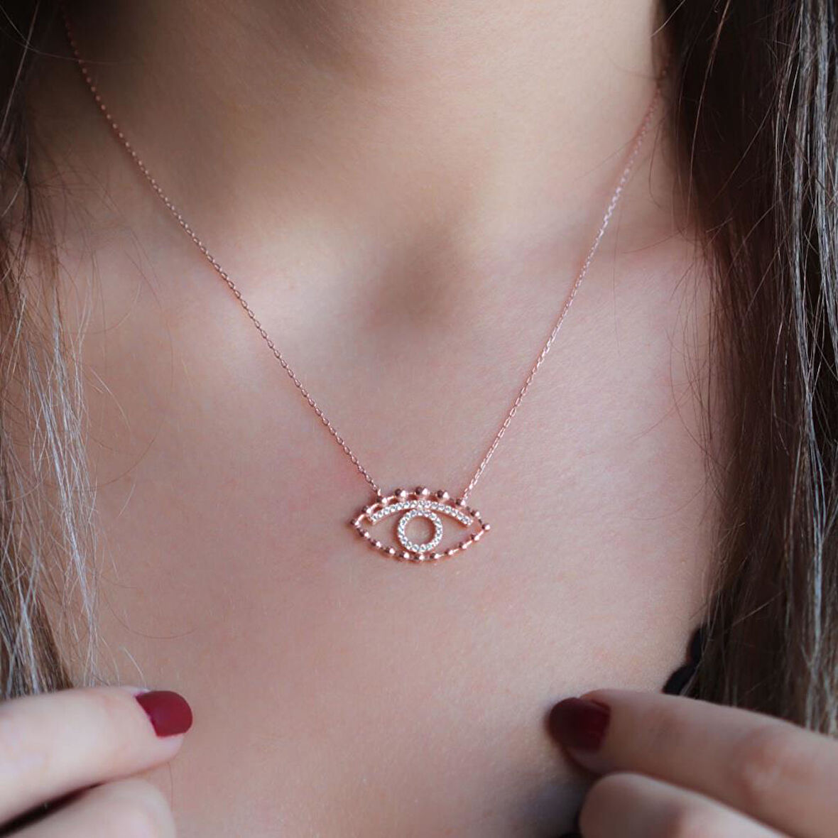 Rose Kaplama 925 Ayar Gümüş Zirkon Taşlı Göz Sembollü Kolye