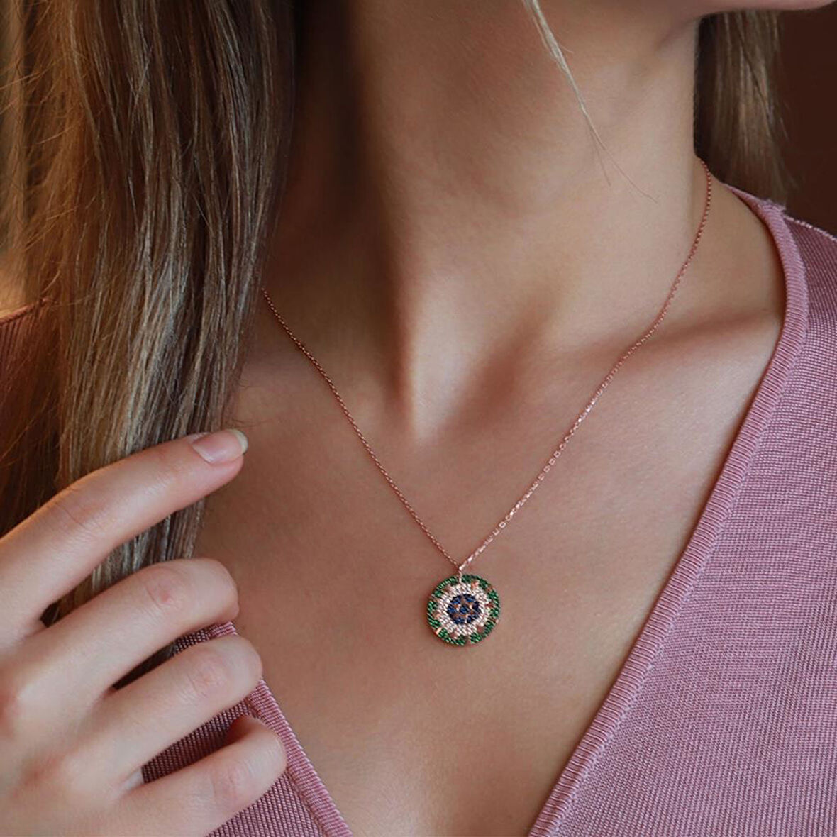 Renkli Zirkon Taşlı Yıldız Rose Gold Kaplama Gümüş Kolye