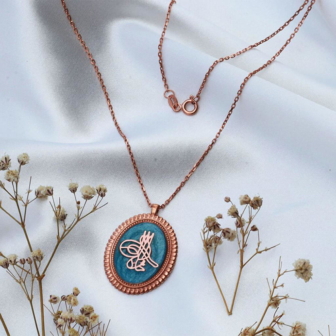 Mine İşli Osmanlı Tuğrası Rose Gold Kaplama Gümüş Kolye