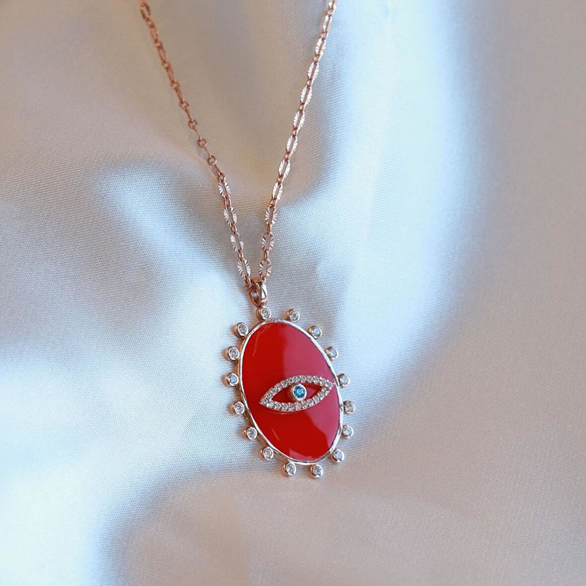 İtalyan Zincirli Mine Neon Kırmızı Taşlı Göz Kolye