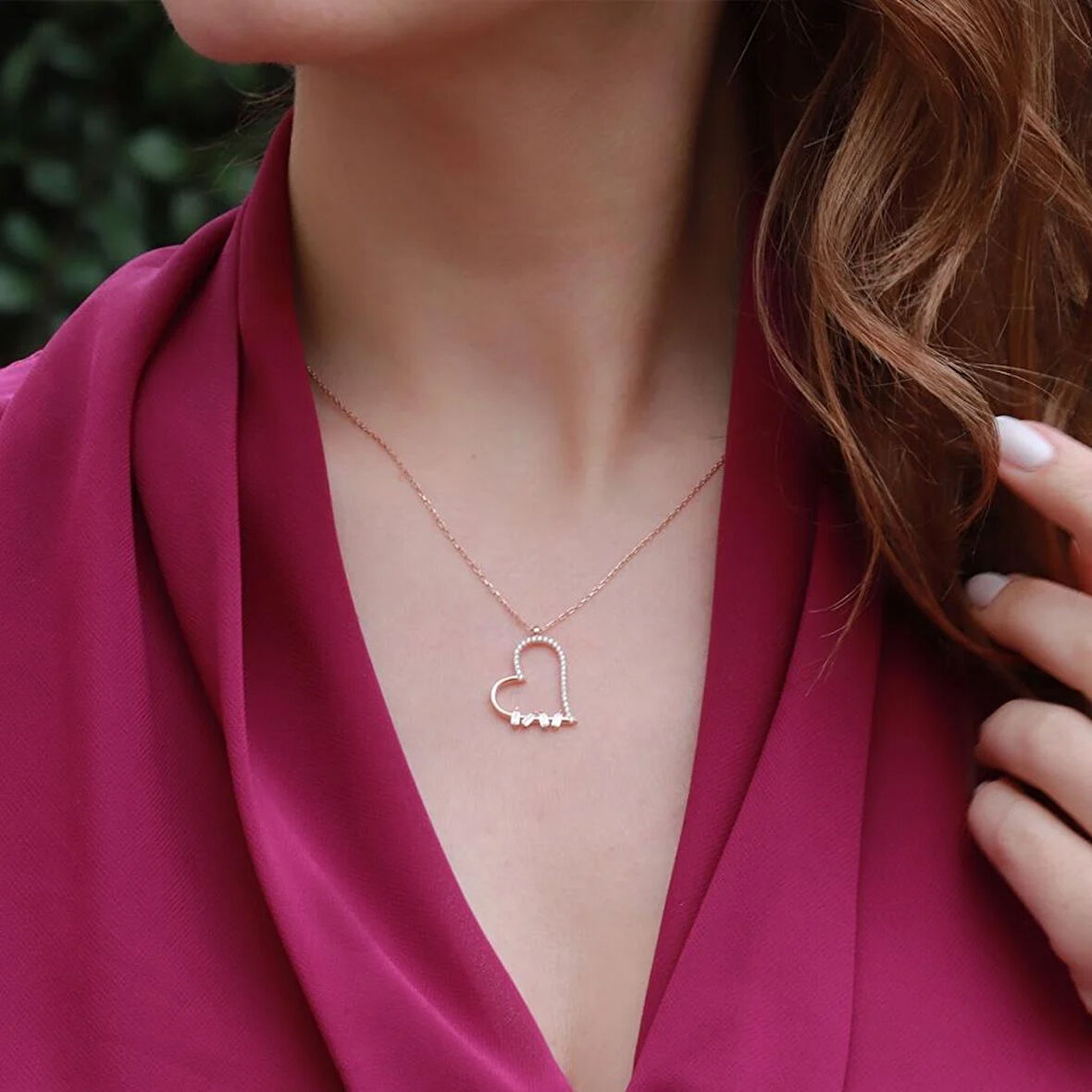Baget Taşlı Kalpli Rose Gold Kaplama Gümüş Kolye