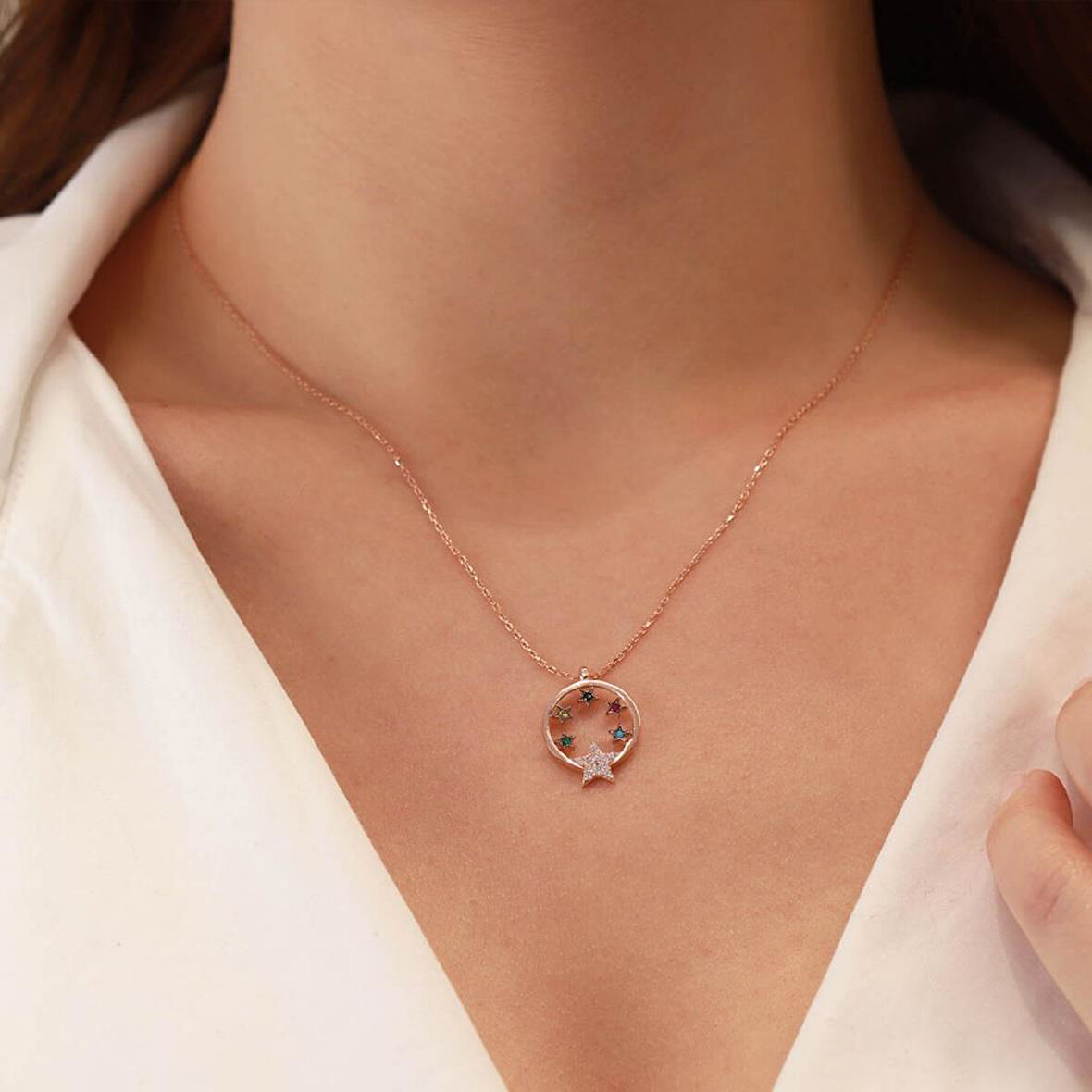 Yıldız Hilal Renkli Zirkon Taşlı Rose Gold Kaplama Gümüş kolye