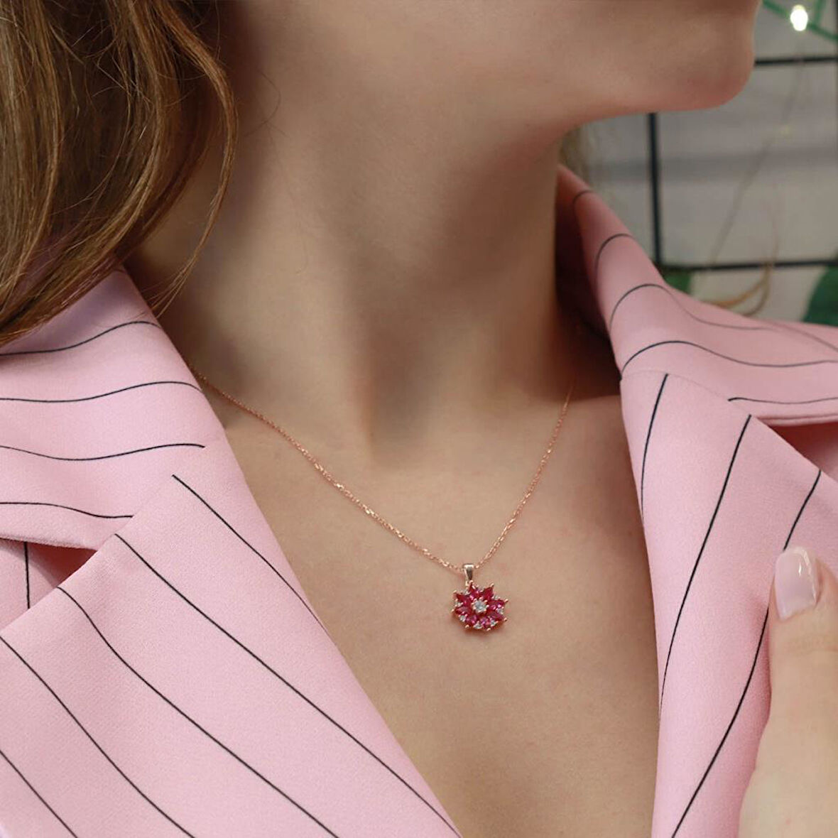 Fuşya Mini Kamelya Çiçeği Rose Gold Kaplama Gümüş Kolye