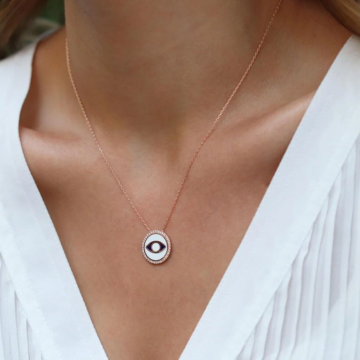 Zirkon Taşlı Mine İşli Göz Modeli Rose Gold Kaplama Gümüş Kolye
