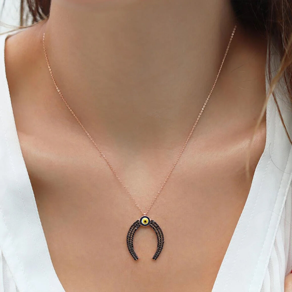 Şans Nalı Nazar Boncuklu Rose Gold Kaplama Gümüş Kolye