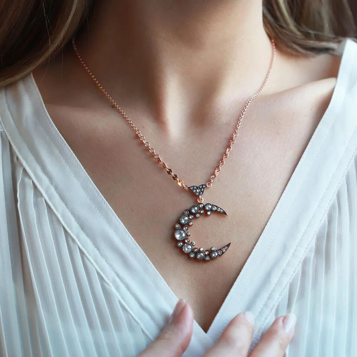Elmas Montür Hilal Rose Gold Kaplama Gümüş Kolye