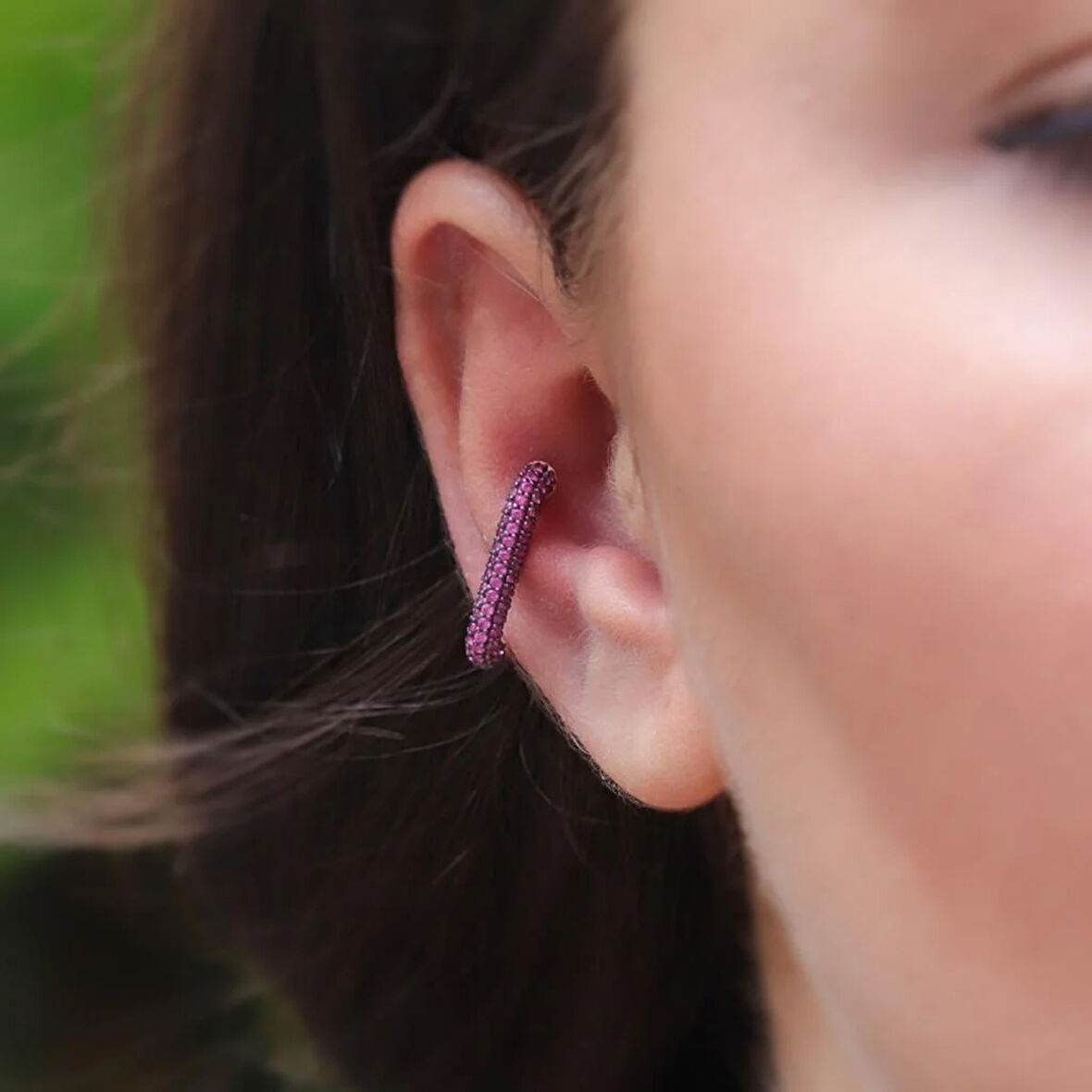 Fuşya Renkli Zirkon Rose Gold Kaplama Gümüş Kıkırdak Küpe