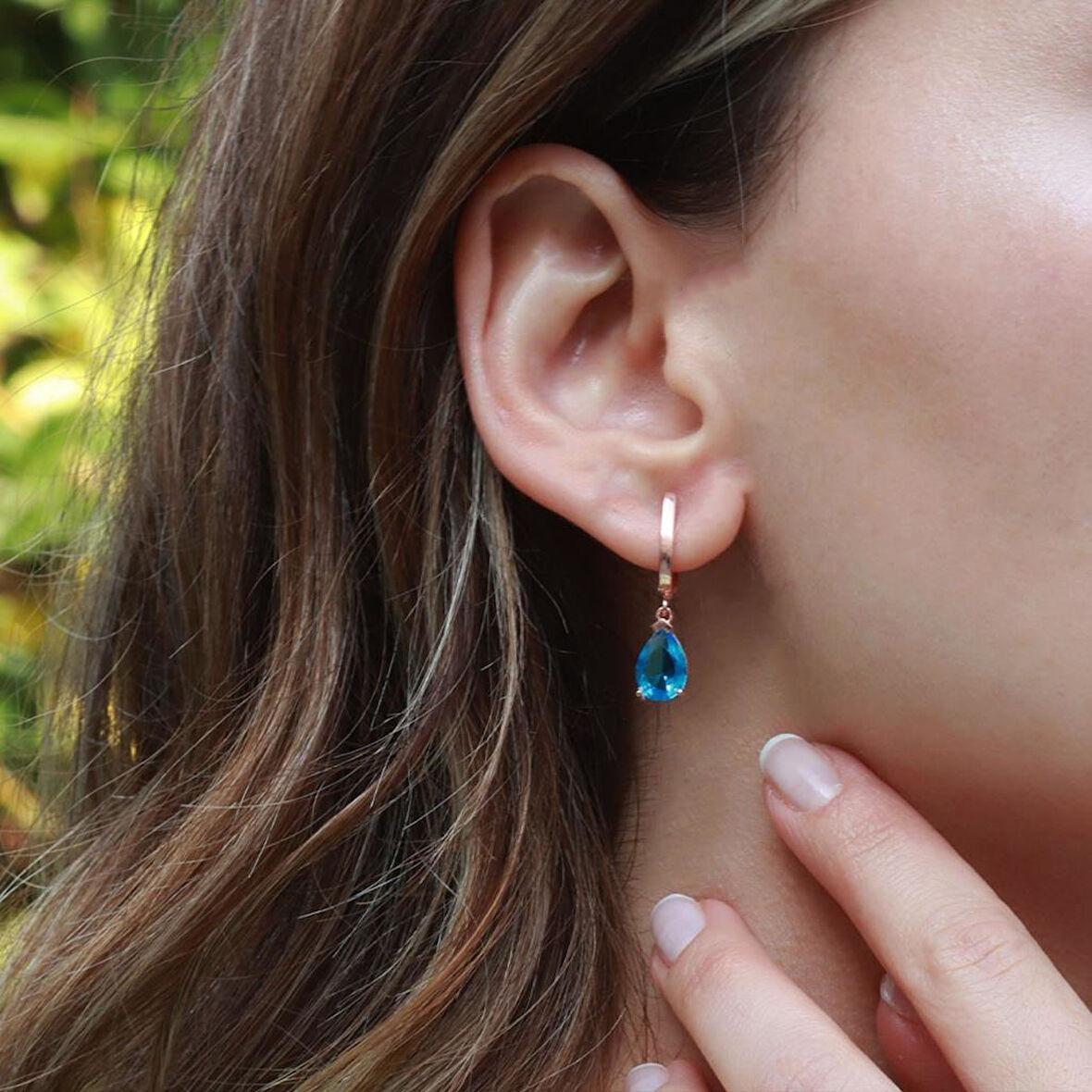 Damla Modeli Turkuaz Taşlı Rose Gold Kaplama Gümüş Küpe