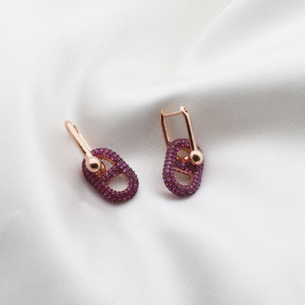 Fuşya Zirkon Taşlı Rose Gold Kaplama Düğme Gümüş Küpe