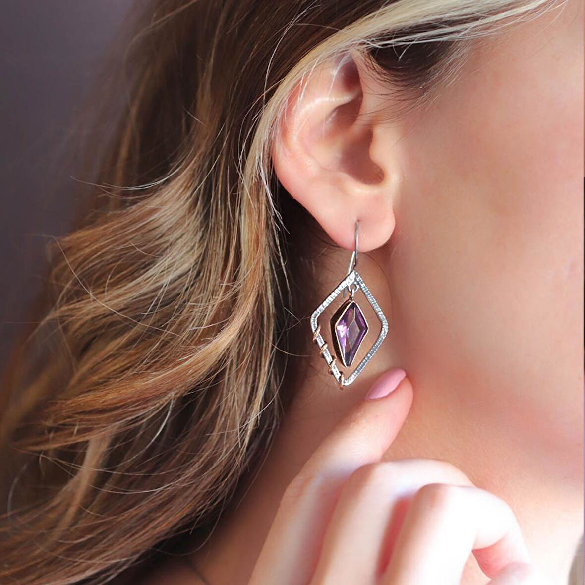 Ametist Taşlı Otantik Tasarım Küpe