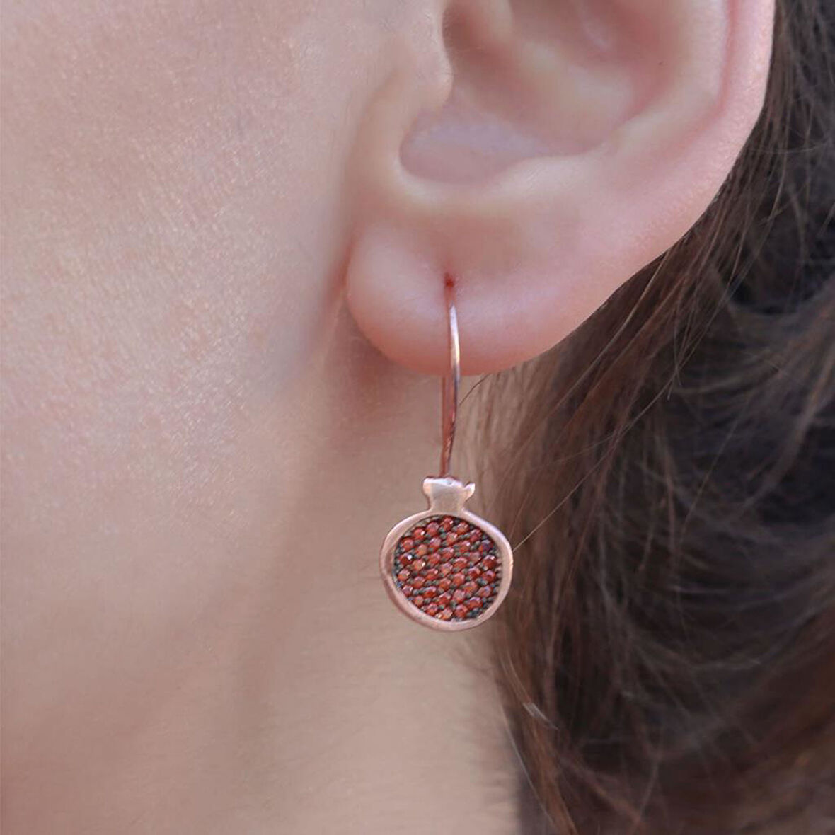 Nar Modeli Turuncu Zirkon Taşlı Rose Gold Kaplama Gümüş Küpe