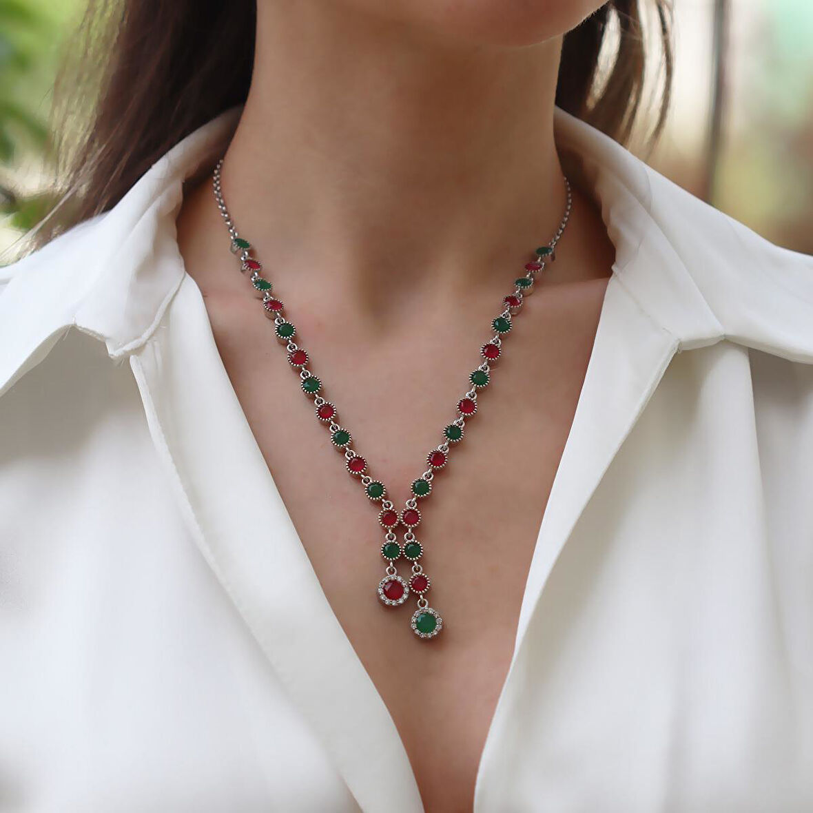 Turmalin Taşlı Su Yolu Otantik Gümüş Kolye