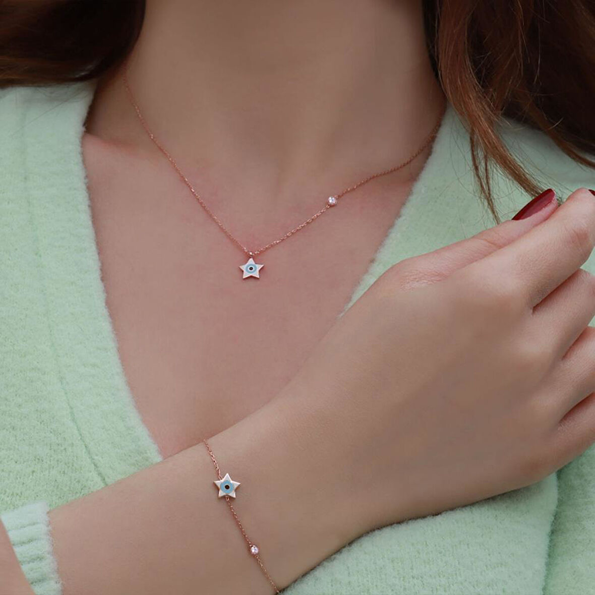 Yıldız Figürlü Zirkon Taşlı Mine İşli Rose Gold Kaplama Gümüş Set