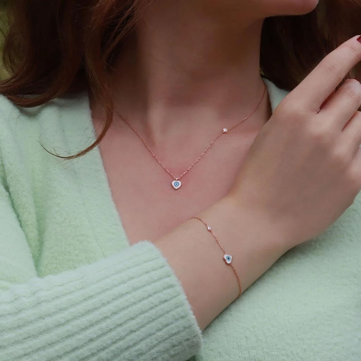 Kalp Figürlü Zirkon Taşlı Mine İşli Rose Gold Kaplama Gümüş Set