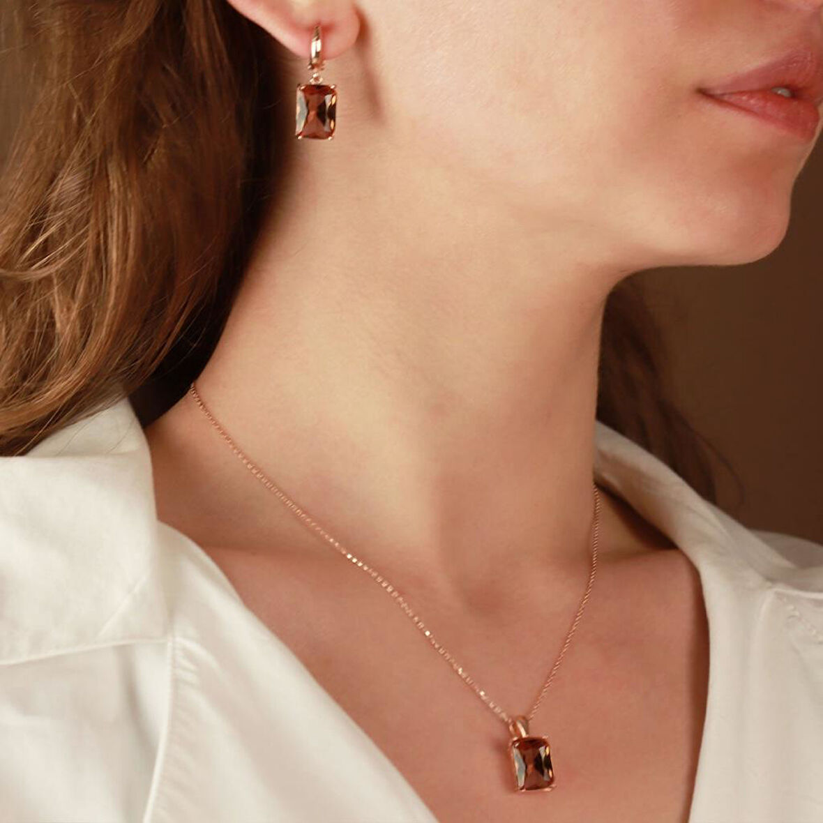 Zultanit Taşlı Emerald Kesim Rose Gold Kaplama Gümüş Set