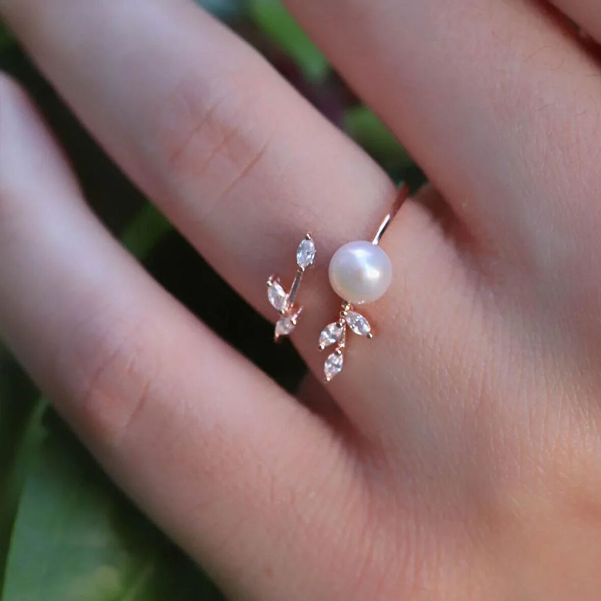 Zirkon Taşlı İnci ve Sarmaşık Minimal 925 Ayar Gümüş Rosegold Kaplama Yüzük