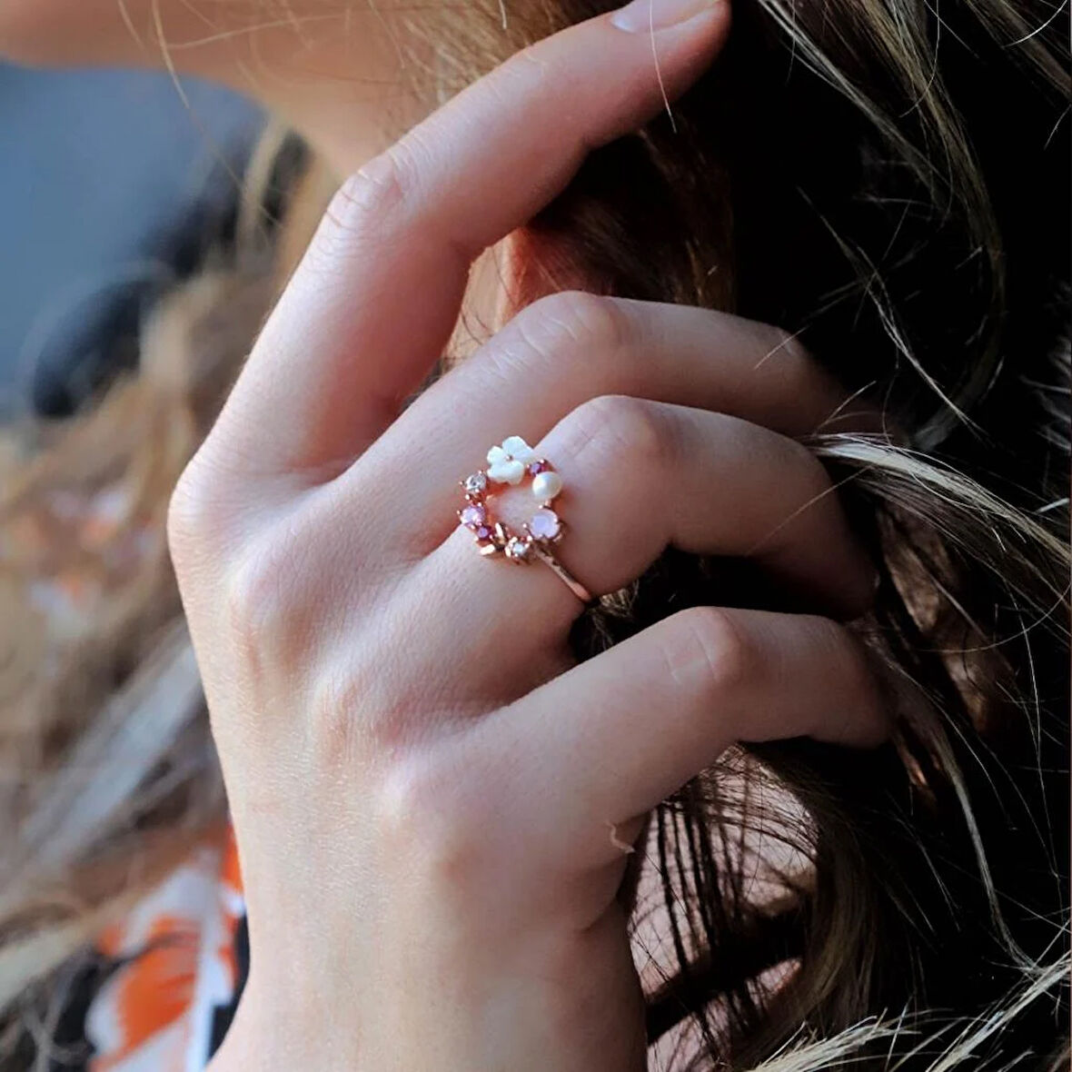 İnci ve Çiçek Motifli RoseGold Kaplama 925 Ayar Gümüş Yüzük