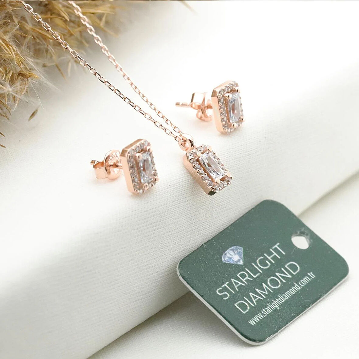 Starlight Diamond Baget Mini Pırlanta Montür Rose Gold Kaplama Gümüş Set