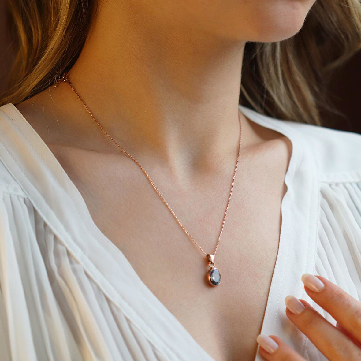Doğal Mistik Topaz Taş Rose Gold Kaplama Gümüş Kolye