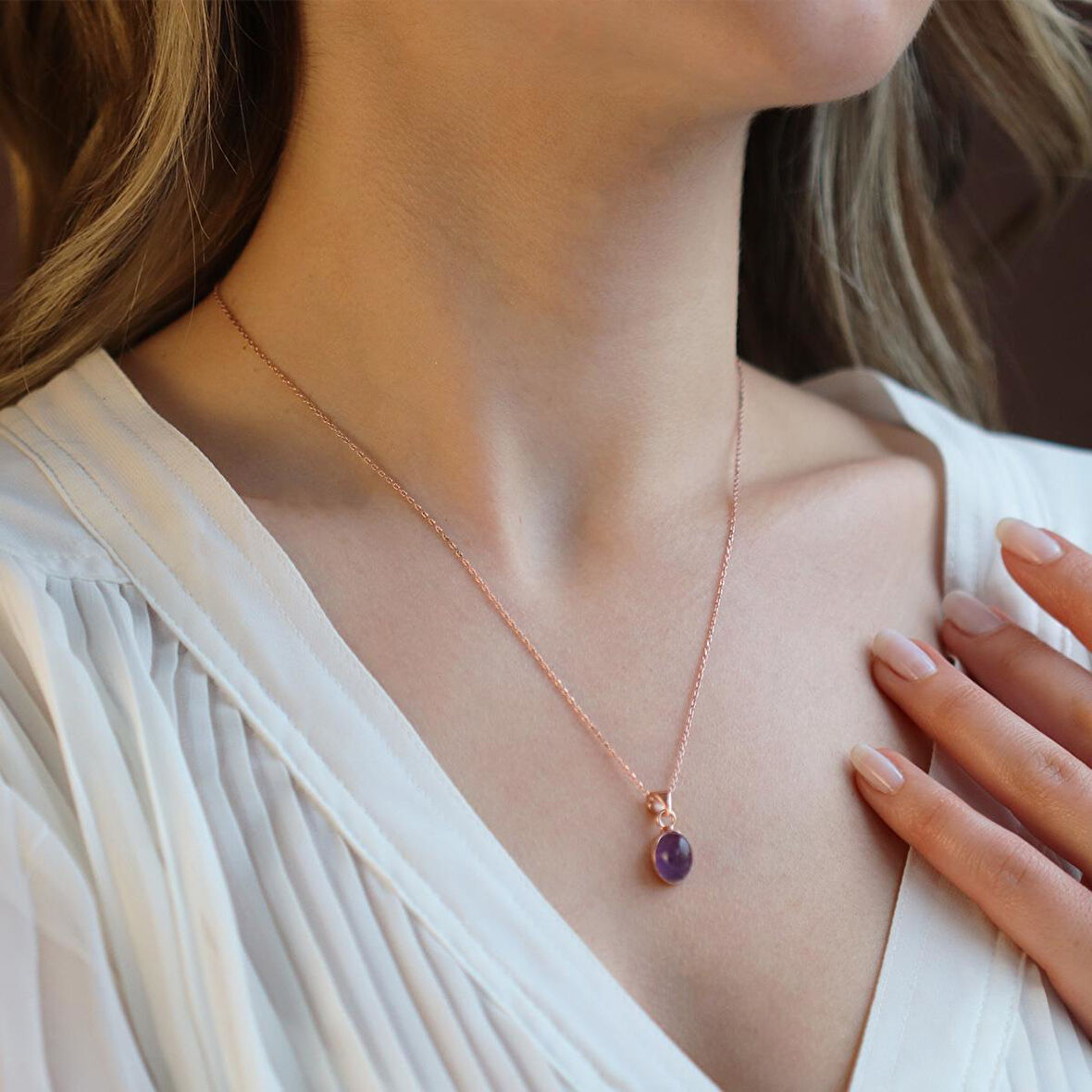 Ametist Doğal Taş Rose Gold Kaplama Gümüş Kolye