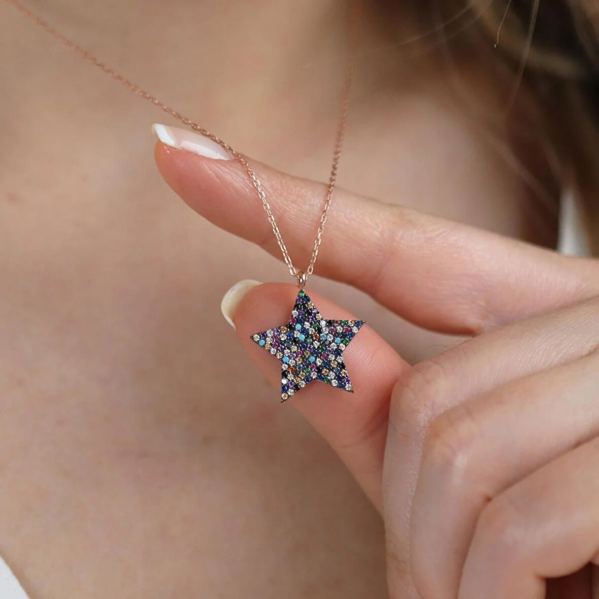 Renkli Zirkon Taşlı Rose Gold Kaplama Yıldız Gümüş Kolye