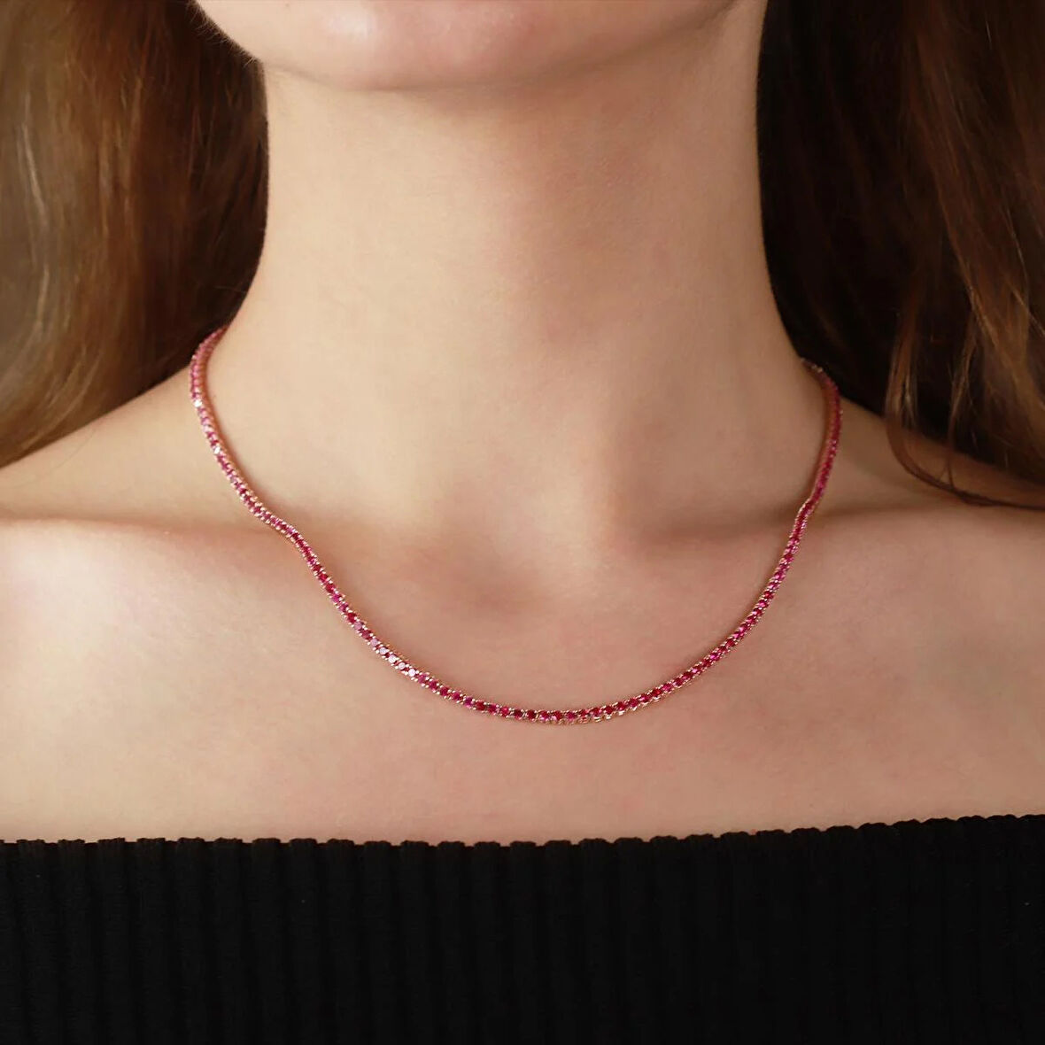 Fuşya Zirkon Taşlı Rose Gold Kaplama Su Yolu Gümüş Kolye