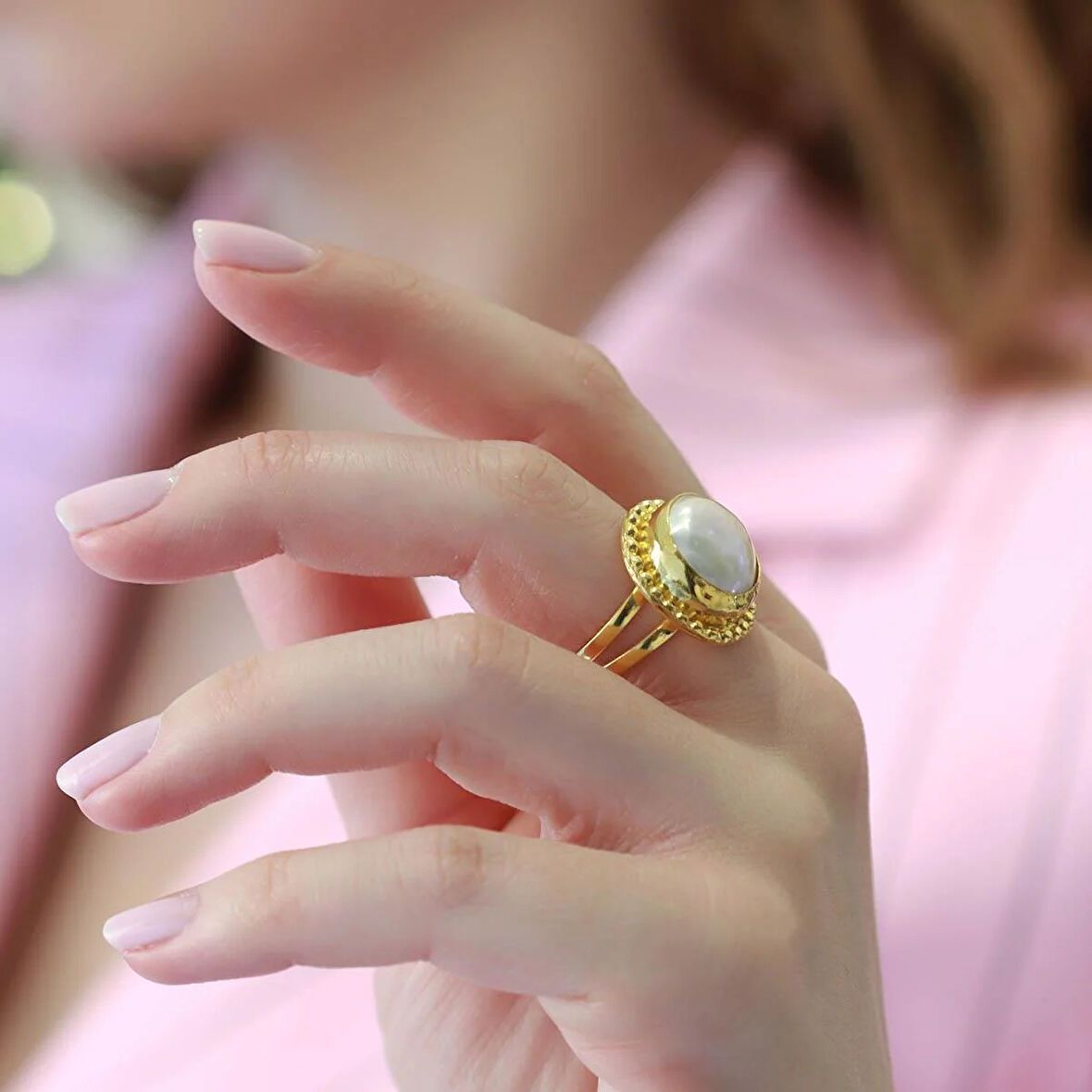 Başak Model Barok Inci Gold Kaplama Gümüş Yüzük