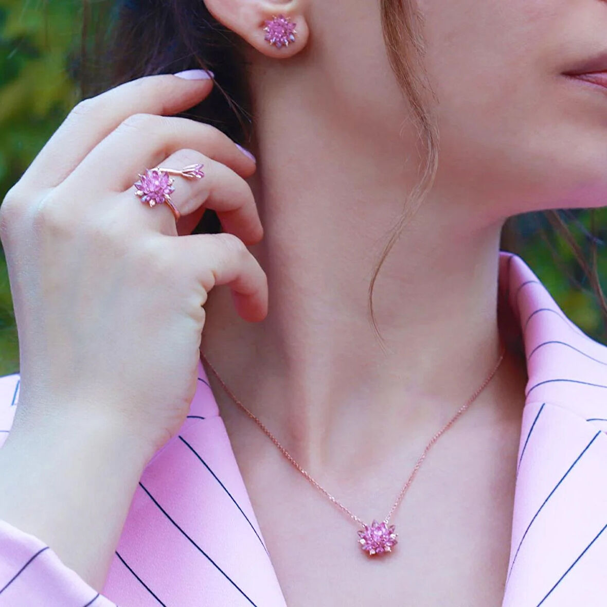 Pembe Kuvars Taşlı Lotus Çiçcekli Gümüş Set