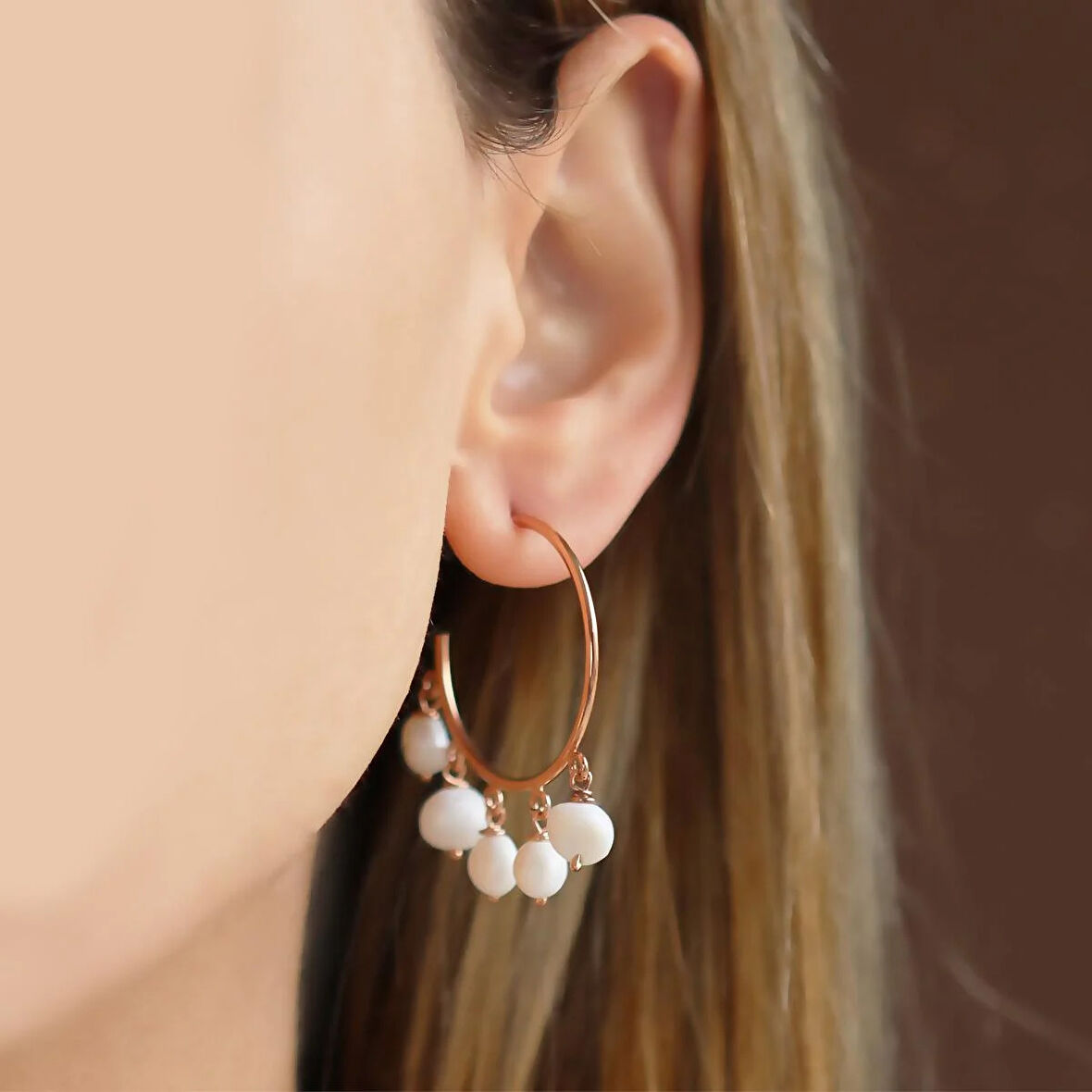 Rose Gold Kaplama İnci Halka Gümüş Küpe