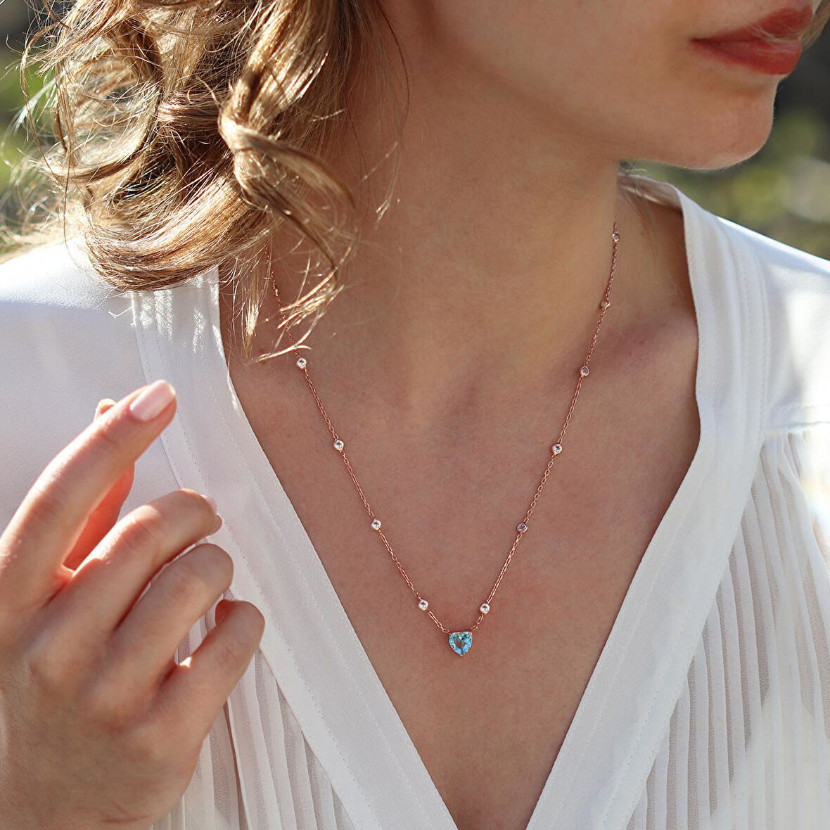 Aquamarin Taşlı Rose Gold Kaplama Sevgili Kalp Gümüş Kolye