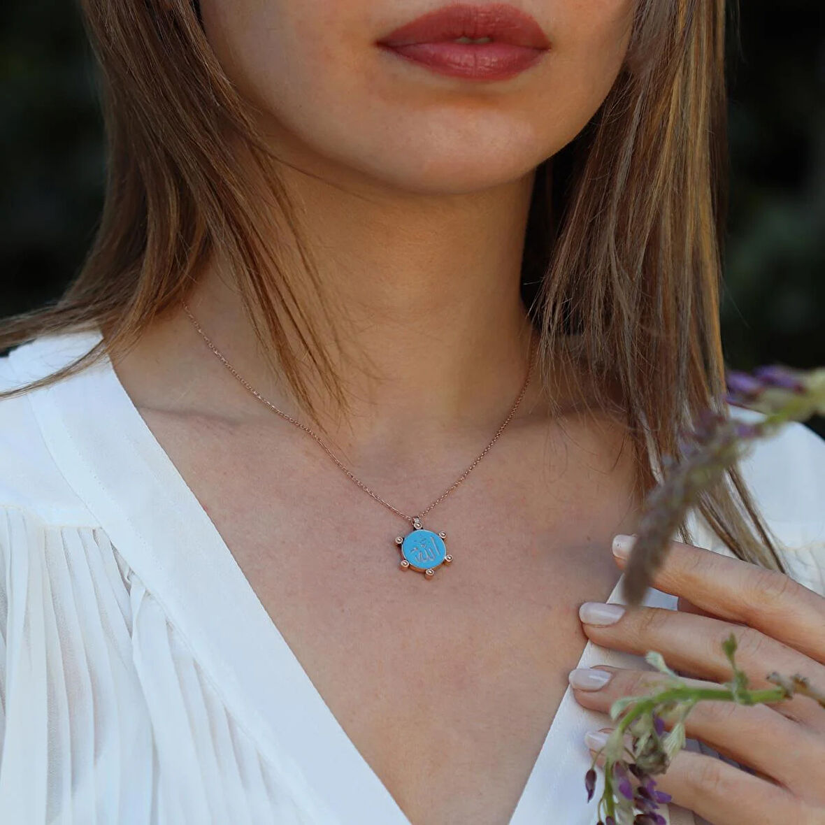Çift Taraflı Mine İşli Allah Yazılı Rose Gold Kaplama Gümüş Kolye