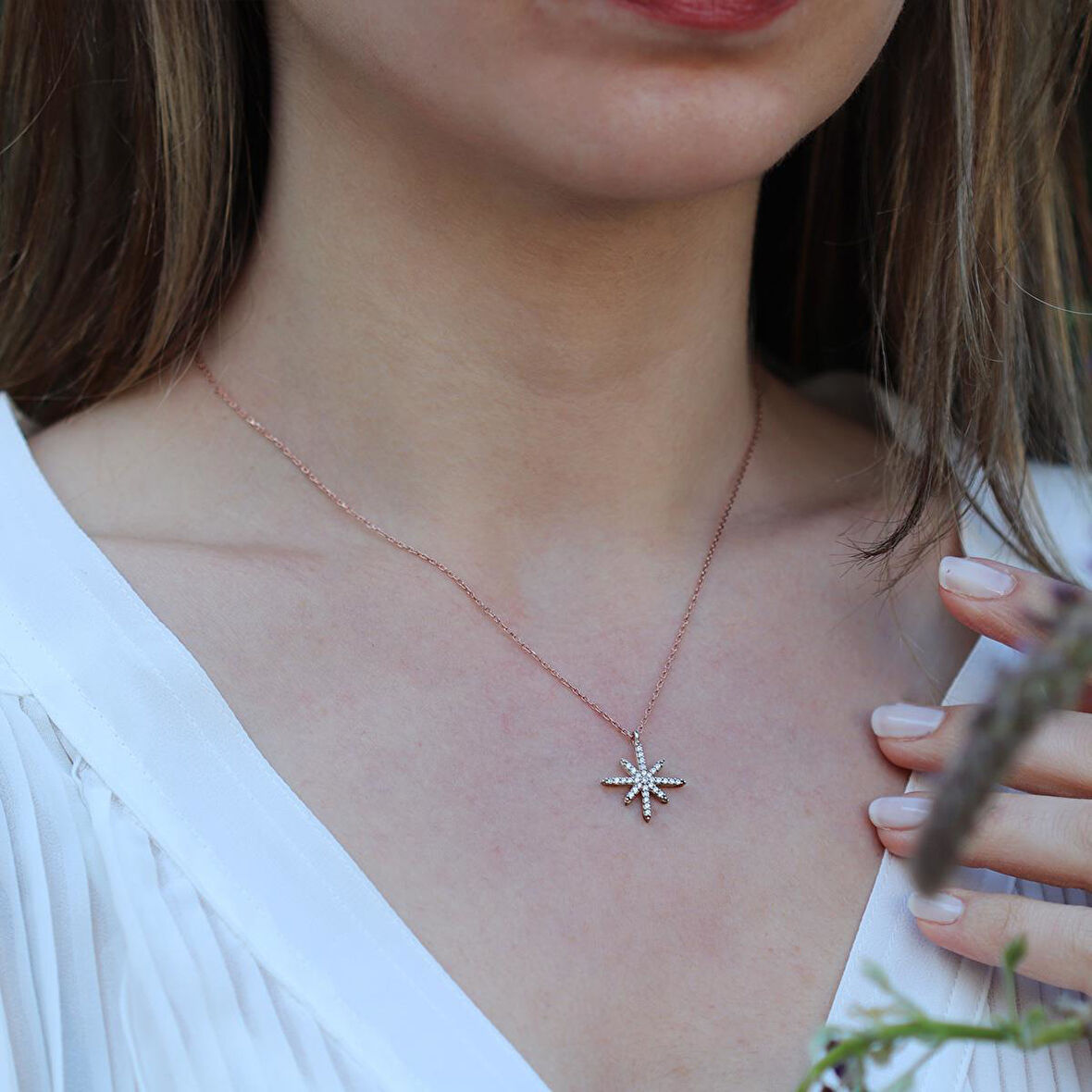 Kutup Yıldızı Zirkon Taşlı Rose Gold Kaplama Gümüş Kolye