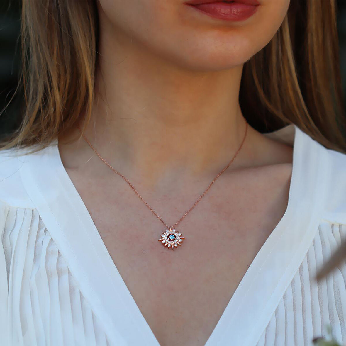 Mavi Zirkon Taşlı Rose Gold Kaplama Lodestar Gümüş Kolye