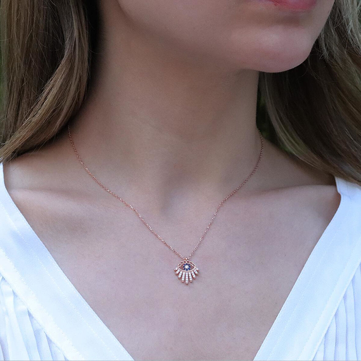 Zirkon Taşlı Göz Modeli Rose Gold Kaplama Gümüş Kolye