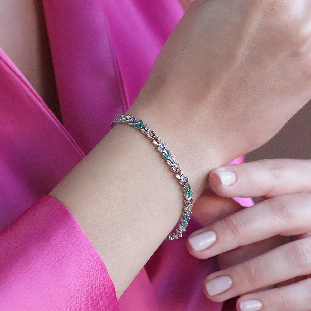 Renkli Zirkon Taşlı Başak Gümüş Bileklik