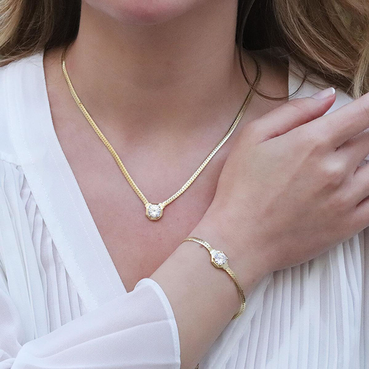 Balık Sırtı Zirkon Taşlı Gold Kaplama İkon Gümüş Set