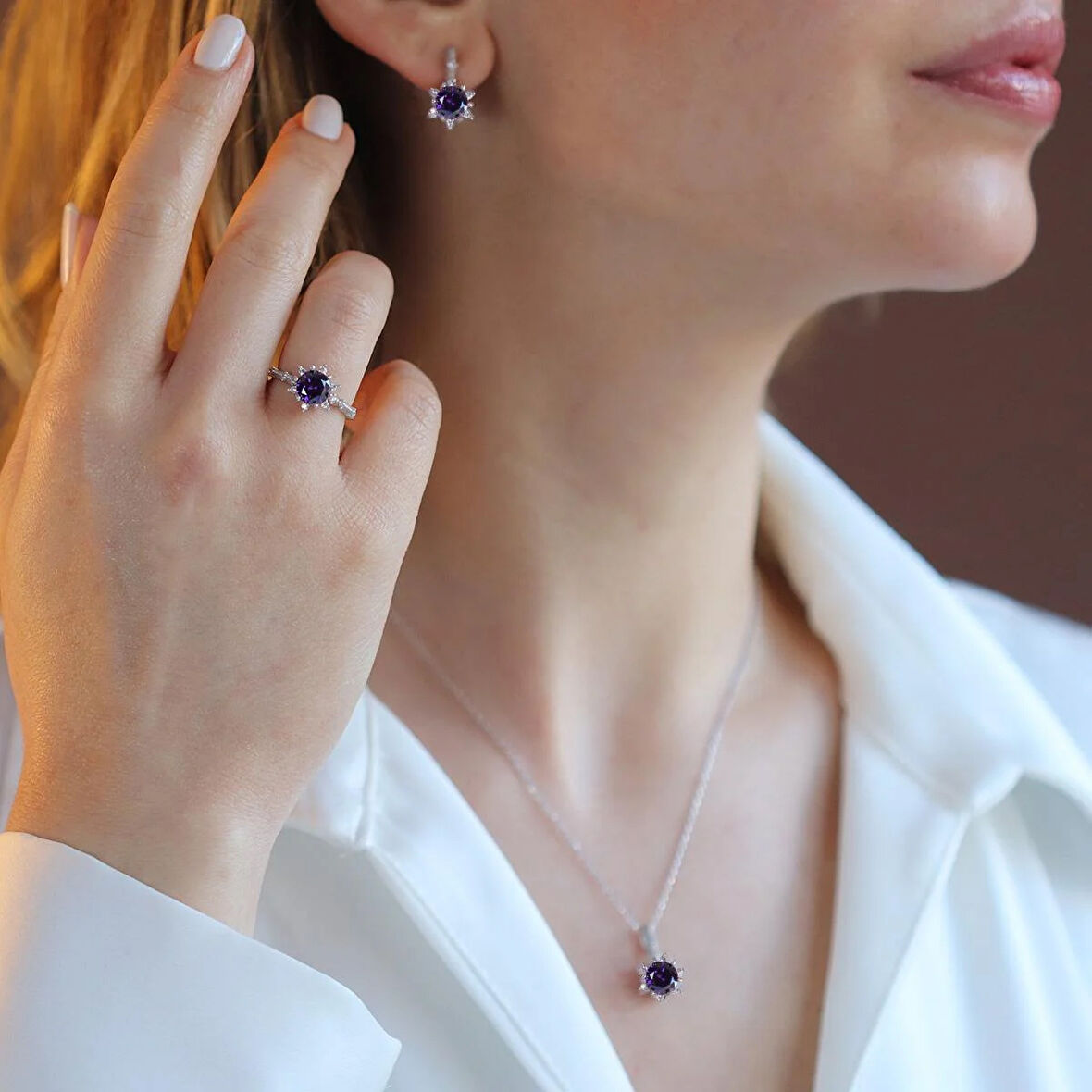 Lotus Çiçeği Ametist Taşlı Gümüş Set