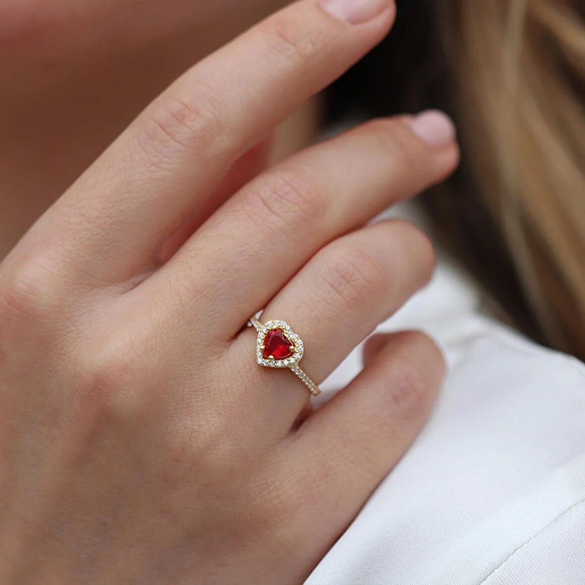 Kalp Pndr Model Kırmızı Zirkon Taşlı Gold Gümüş Yüzük