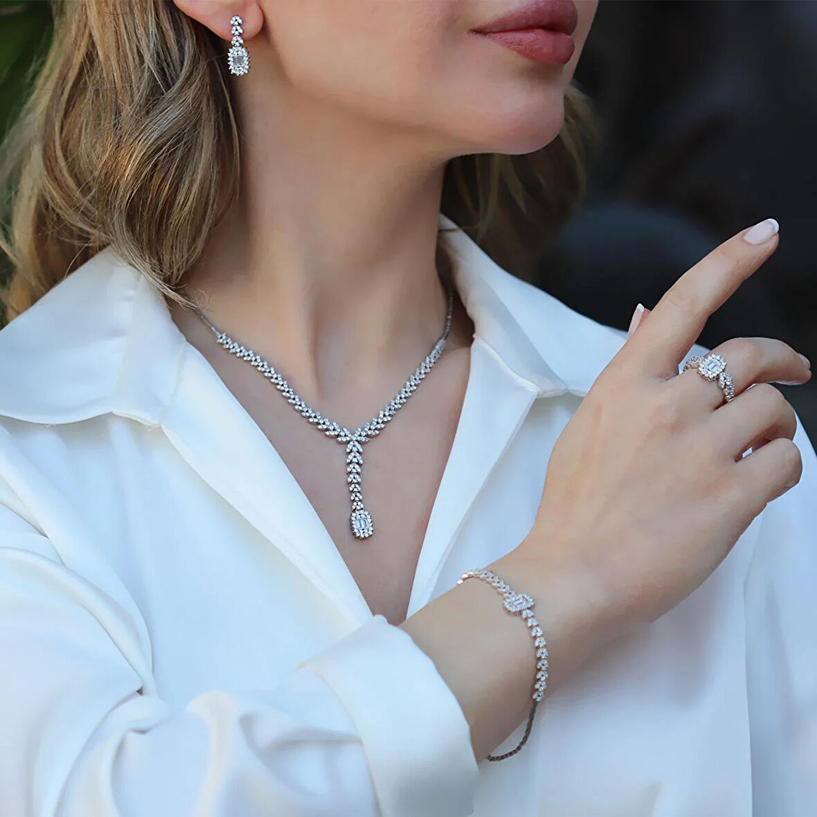 Başak Modeli Baget Taşlı Zarif Gümüş Set