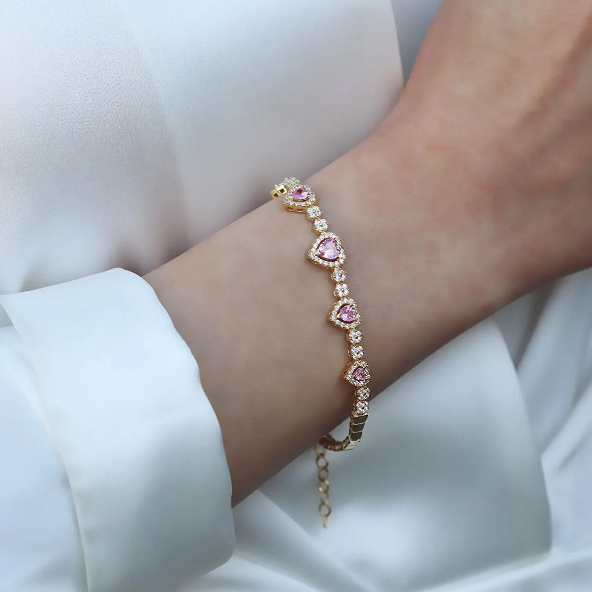Pembe Kalp Gold Kaplama Gümüş Bileklik
