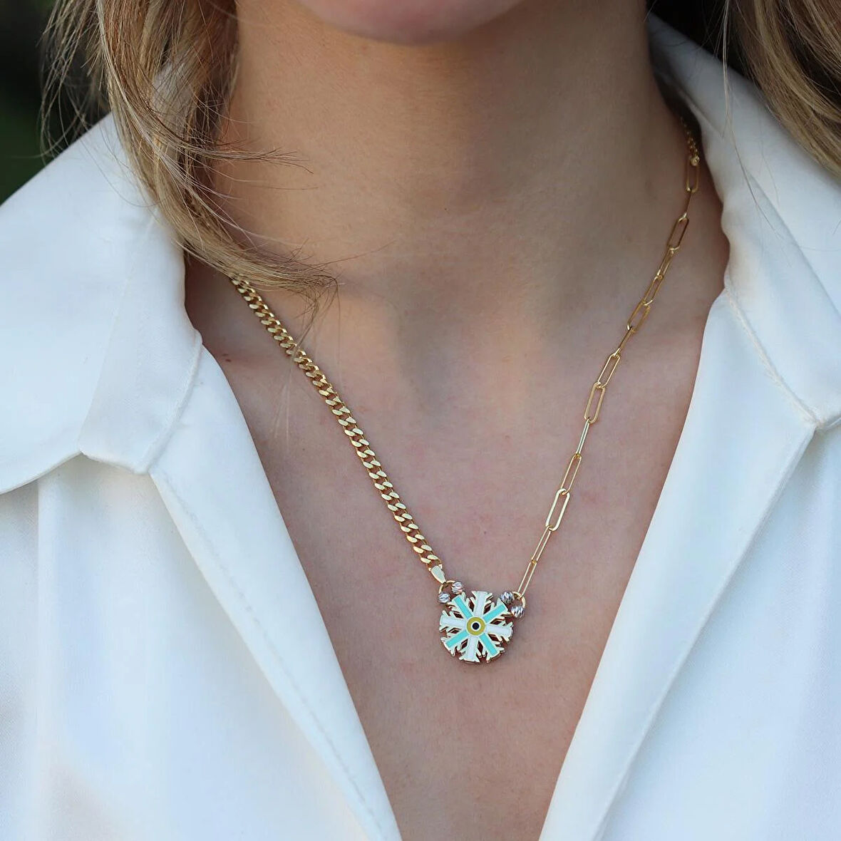 Kar Tanesi Çift Taraflı Gümüş Kolye