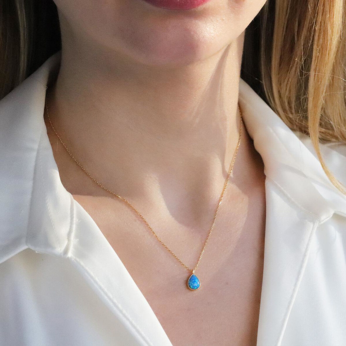 Opal Damla Modeli Gold Kaplama Gümüş Kolye