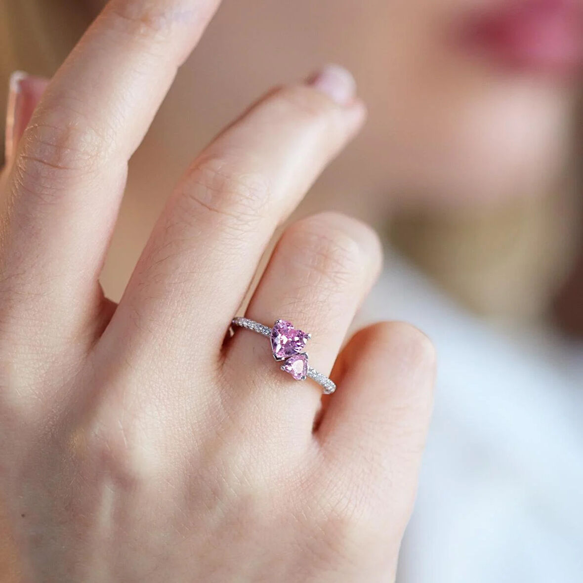 Pndr İki Kalp Pembe Zirkon Taşlı Gümüş Yüzük