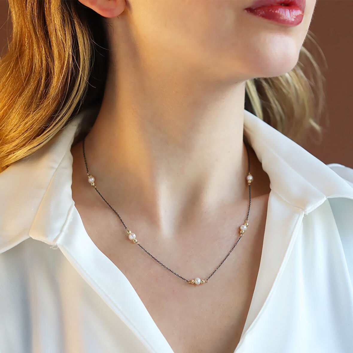 İncili Oksitli 925 Ayar Trend Gümüş Kolye