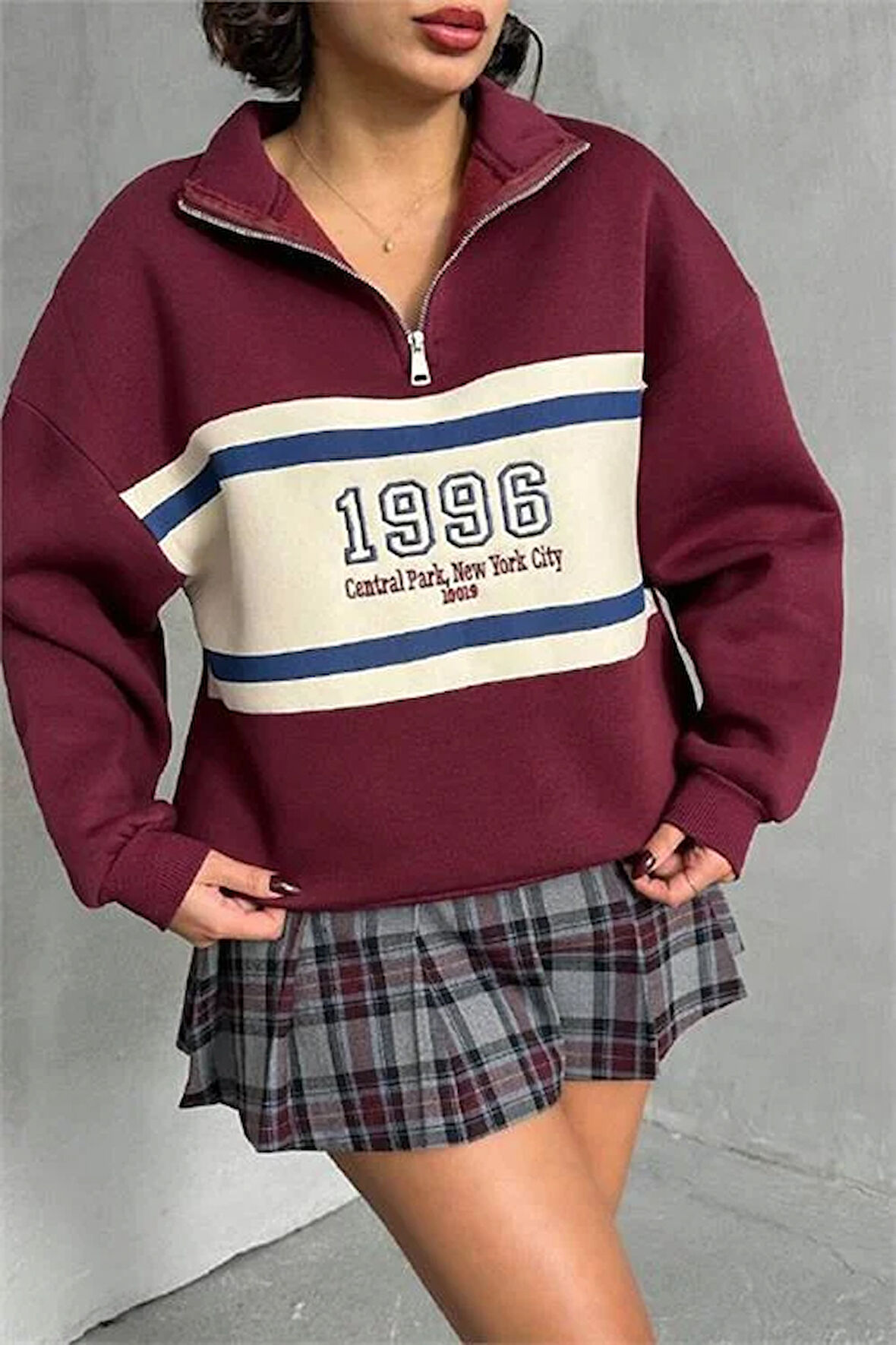 kadın bordo fermuar detaylı sweatshirt DPNBG060