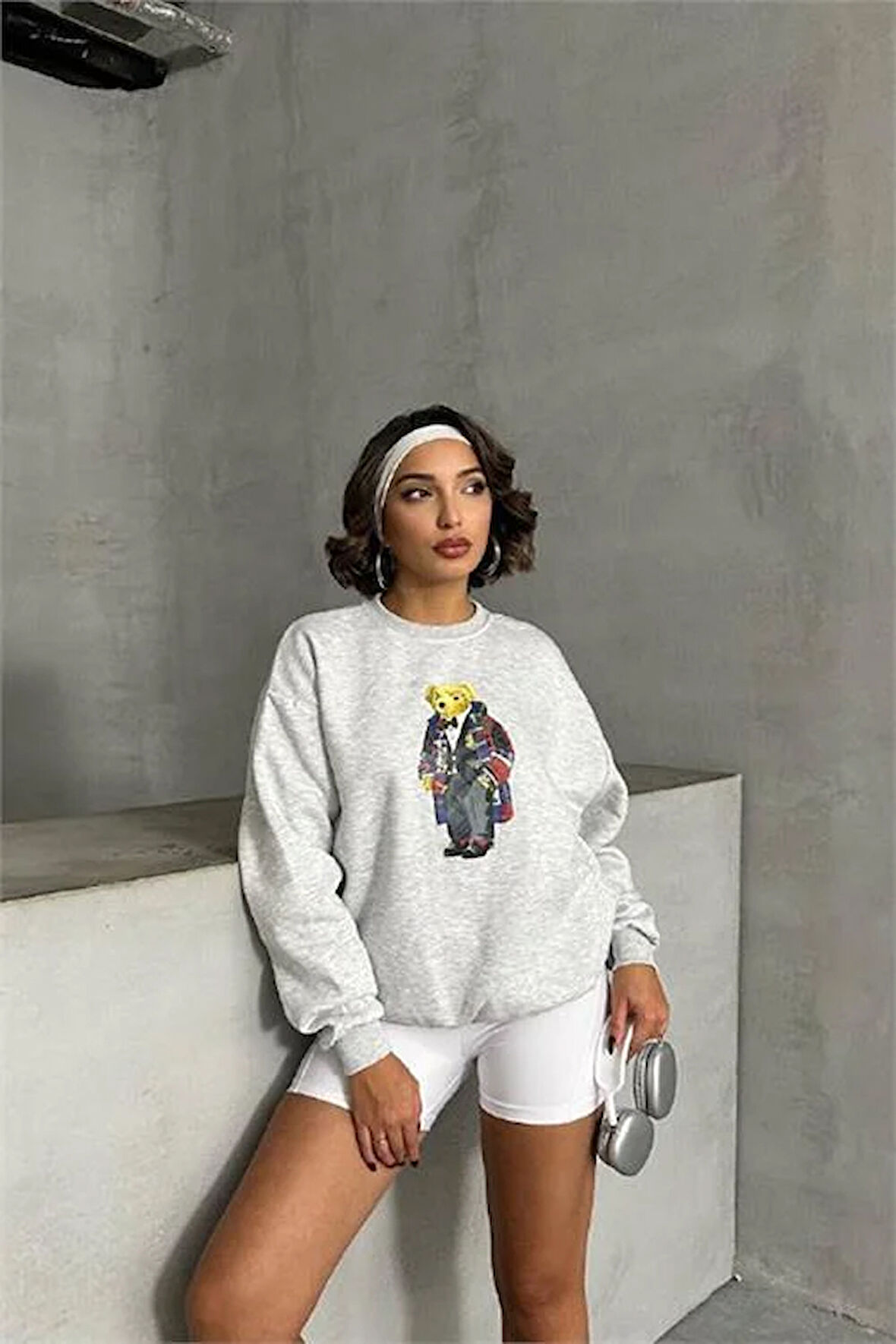 kadın gri melanj nakışlı sweatshirt DPNBG059