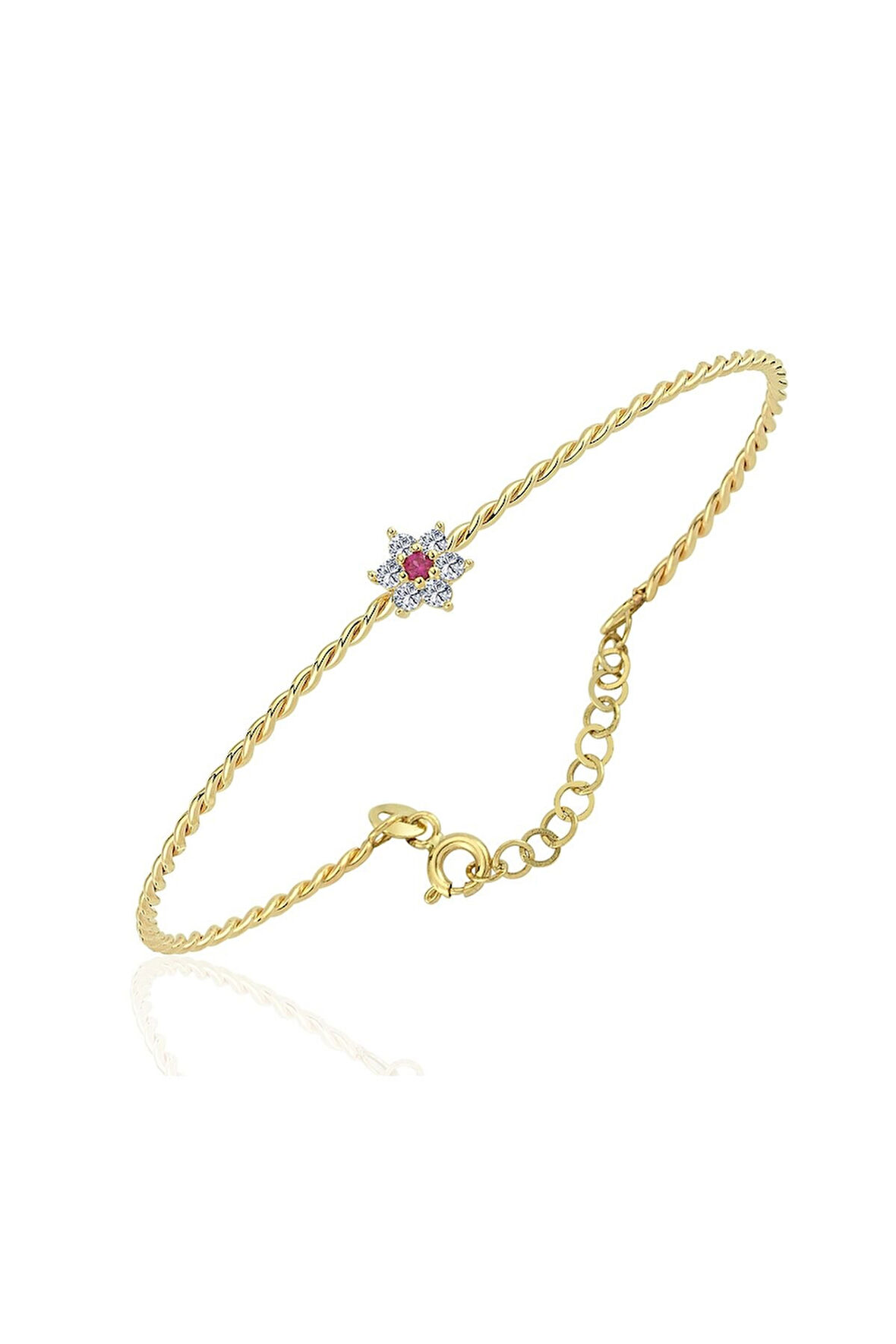 Altın Bilezik - Ortası Yakut Taşlı Çiçek 14 Ayar Altın Bilezik