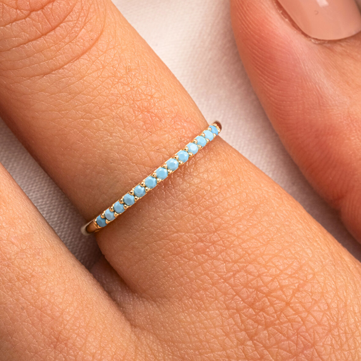 Gümüş Yüzük - Firuze Taşlı 925 Ayar Gümüş Yüzük - 0.25 Karat Yarım Tur Pırlanta Montörü Alyans