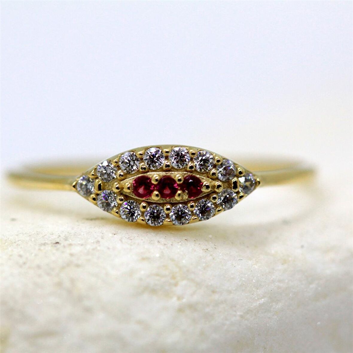 Mekik Göz Kadın 14 Ayar Altın Yüzük-Nano Yakut Taşlı Göz Minimal Hediye Altın Yüzük